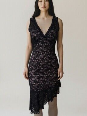 Blaxk Lace Asymmetrical Hem Dress Fitted Cocktail Fairy